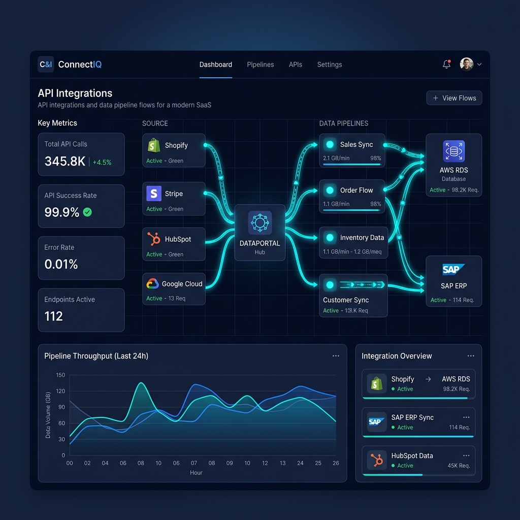 Dashboard de monitoreo de integraciones y diagrama de flujo de datos de APIs
