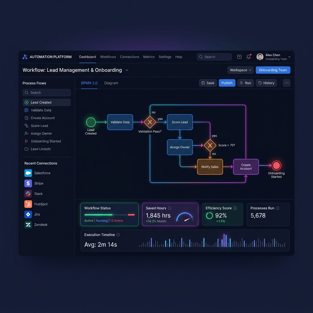 Dashboard de automatización de procesos y diagramas de flujo empresarial