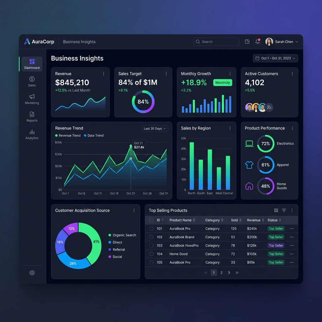 Dashboard de Business Intelligence para toma de decisiones y KPIs empresariales