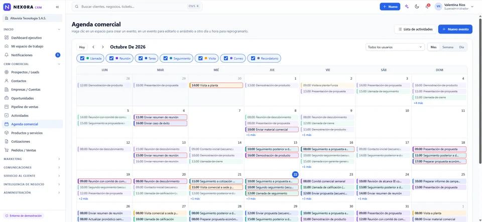 Calendario de actividades y reuniones del equipo comercial