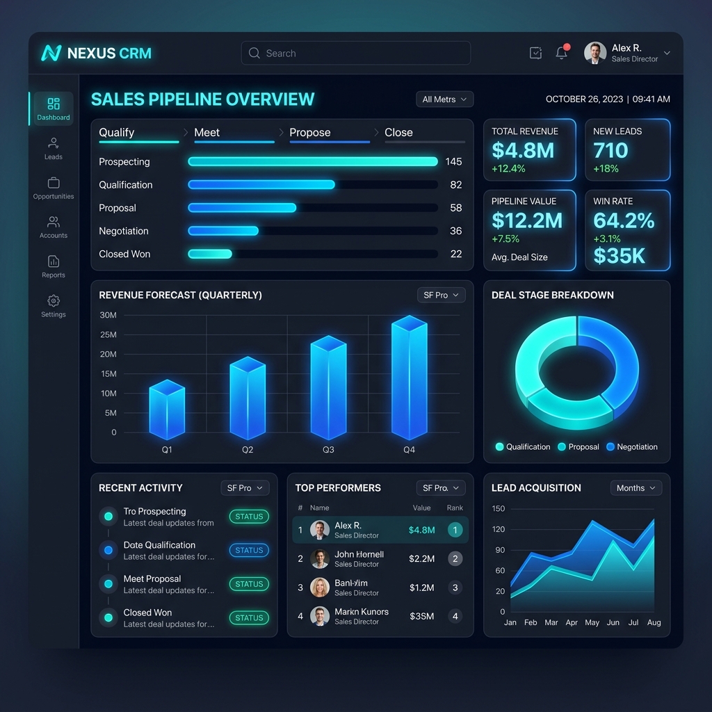 Dashboard de CRM Personalizado para Ventas con embudo de ventas y métricas en tiempo real