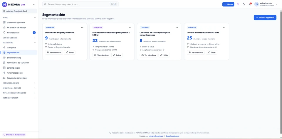 Segmentos comerciales para organizar grupos de clientes