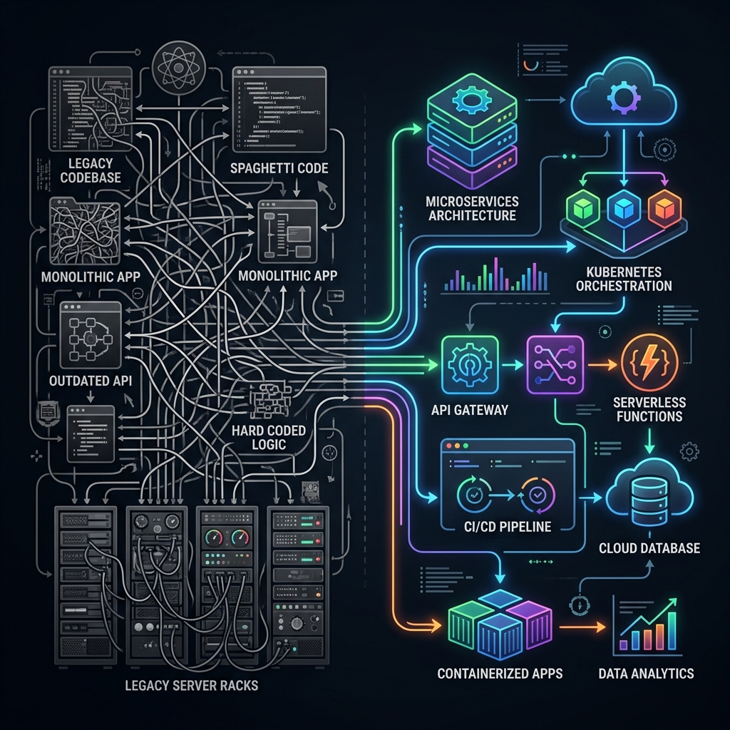 Visualización de refactorización de código legacy y modernización a arquitectura de nube
