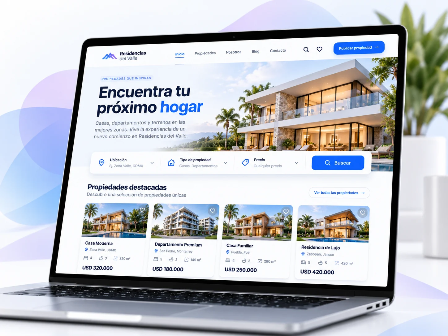 Portátil con un sitio web inmobiliario y un buscador de propiedades