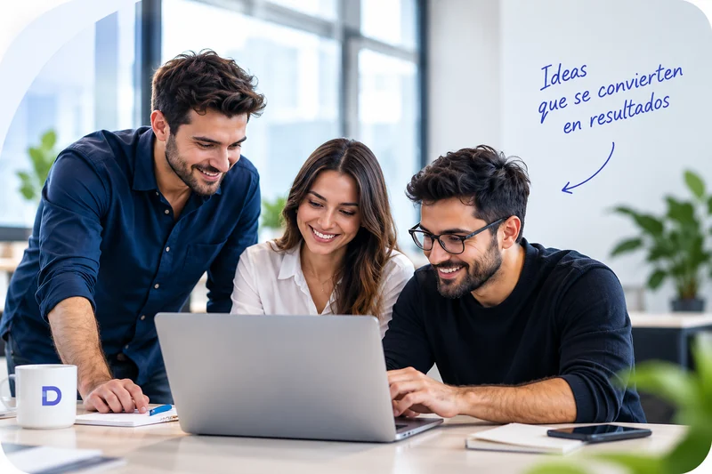 Equipo colaborando frente a un portátil para desarrollar soluciones digitales