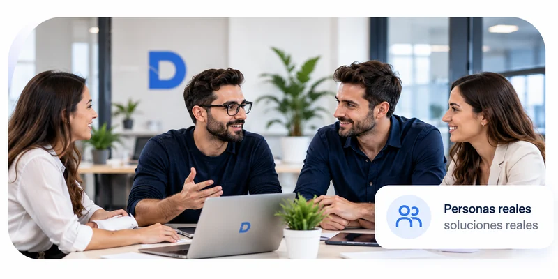 Equipo reunido para planificar un proyecto digital, con el mensaje Personas reales, soluciones reales
