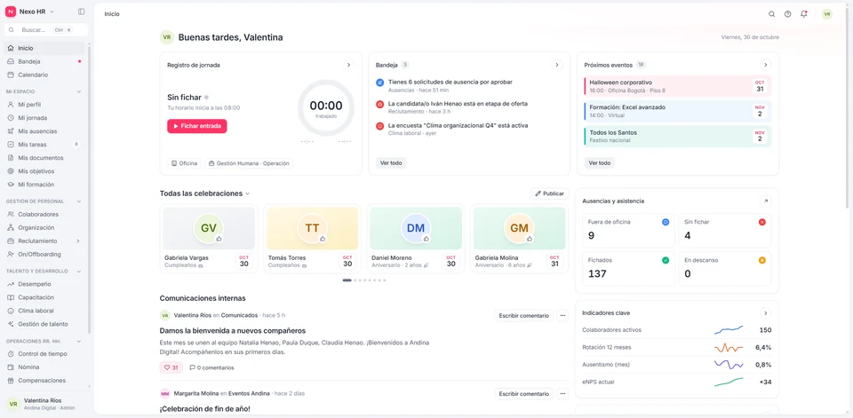 Dashboard principal de Recursos Humanos: Vista general del empleado y la compañía: marcación de jornada, accesos rápidos, cumpleaños y solicitudes pendientes.