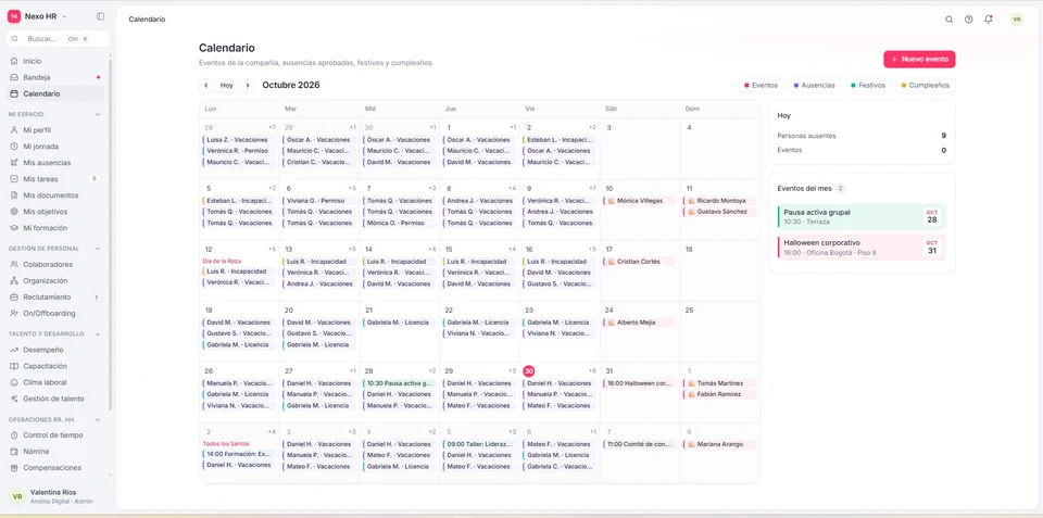 Calendario corporativo del equipo: Planificación visual de ausencias programadas, festivos nacionales y eventos corporativos.
