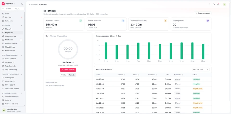 Control de asistencia y registro de jornada laboral: Vista del prototipo Nexo HR.
