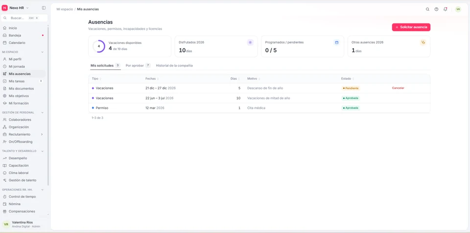Gestión ágil de vacaciones, permisos e incapacidades: Vista del prototipo Nexo HR.