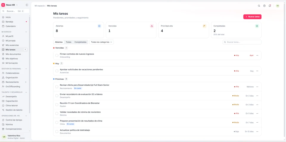 Gestor de tareas y onboarding: Asignación y seguimiento de pendientes de inducción, capacitaciones y actividades clave.