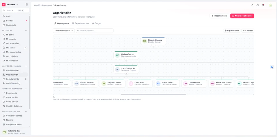 Organigrama y estructura de la empresa: Visualice la estructura jerárquica de la organización, líneas de reporte y departamentos.
