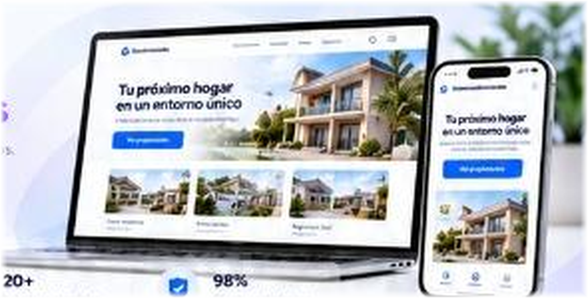 Mockup de computador portátil y teléfono inteligente con plataforma digital inmobiliaria