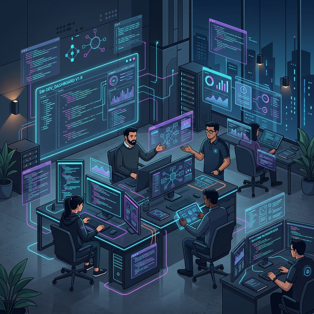 Equipo de ingenieros de software colaborando en un entorno de desarrollo moderno